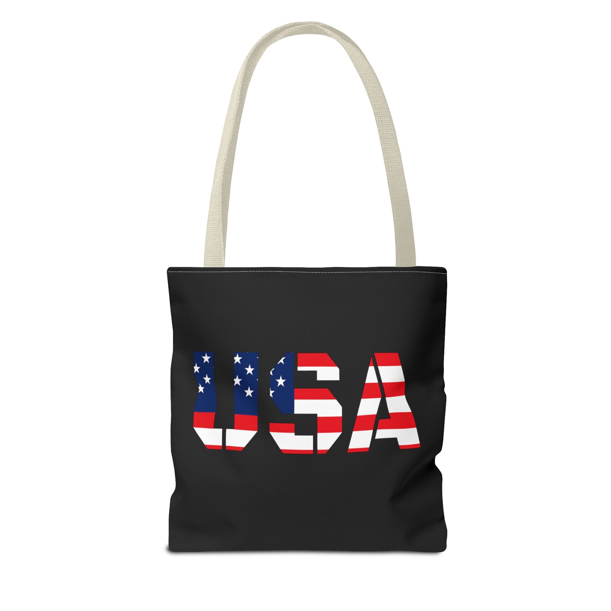 USA flag tote bag by Printify, reusable summer carryall with patriotic stars and stripes, perfect for 4th of July celebrations.