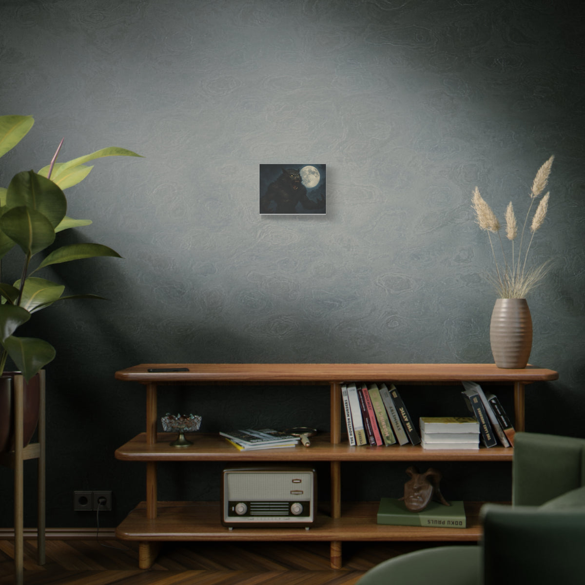 Spooky werewolf moon matte canvas print featuring a full moon, horror-themed wall art by Printify for dark, gothic decor.