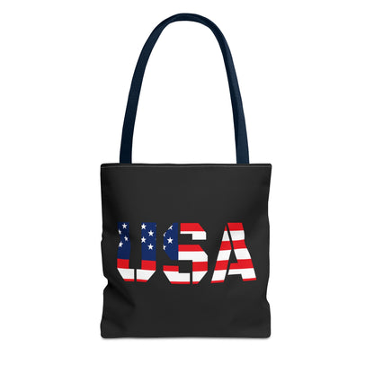 Red, white, and blue USA flag tote bag by Printify, reusable summer carryall perfect for 4th of July celebrations.