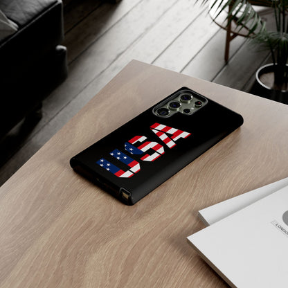 American flag phone case by Printify, rugged tough case with patriotic USA flag design for smartphones.