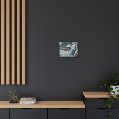 Framed matte canvas wall art of a snowy cabin winter landscape, showcasing a cozy woodland scene by Printify.
