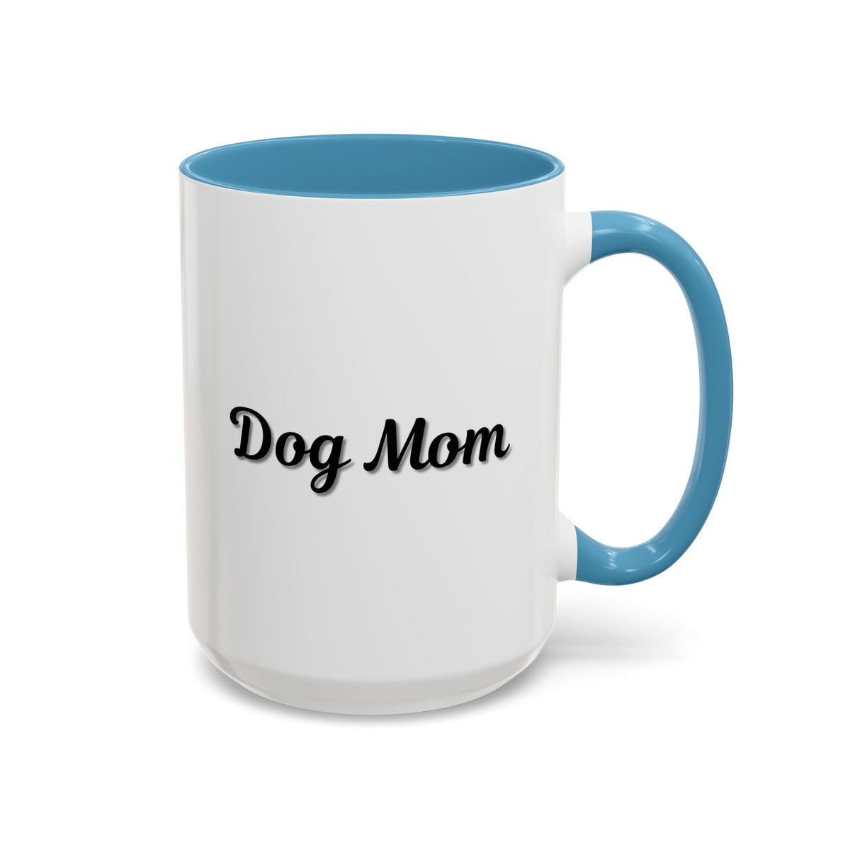 Dog Mom Accent Coffee Mug — white ceramic coffee mug with retro script "Dog Mom" print, colored interior and C-handle, 11oz/15oz, side profile view