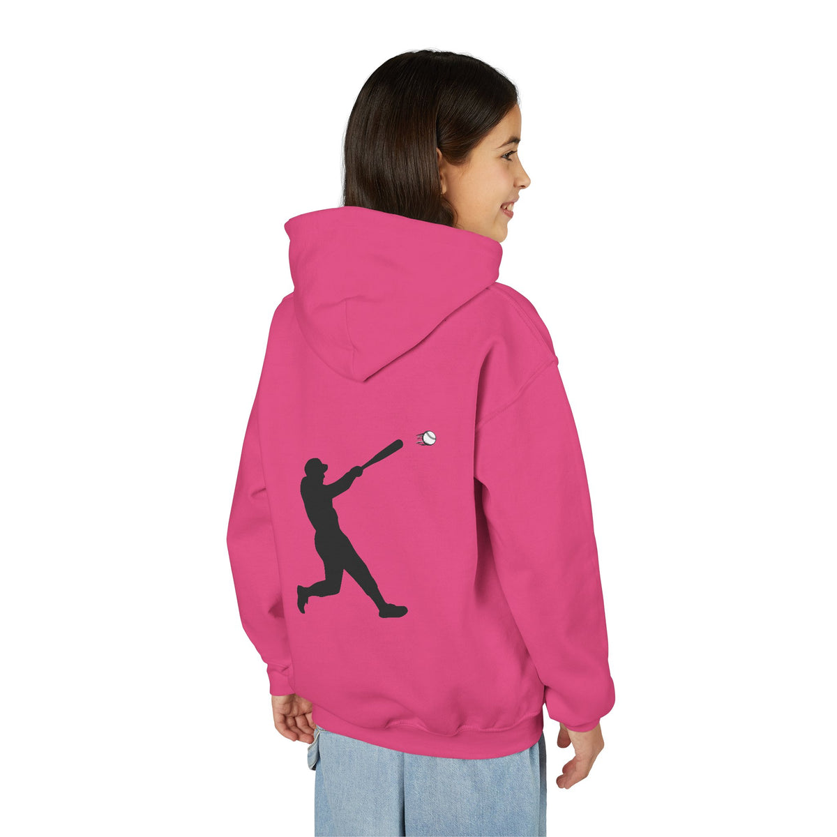 Kids youth baseball silhouette hoodie featuring a baseball player design, pullover style, made by Printify.