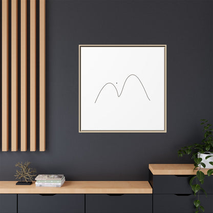 Minimalist mountain line art on framed matte canvas by Printify, showcasing sleek mountain silhouette design.