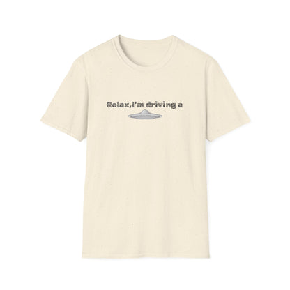 Funny alien graphic T-shirt by Printify featuring a UFO design, perfect for sci-fi fans and alien enthusiasts.
