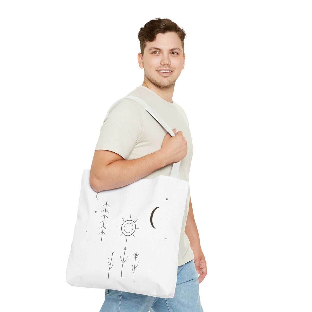 Minimal Moon and Sun botanical tote bag with celestial line art design, featuring eco-friendly fabric and sturdy handles.