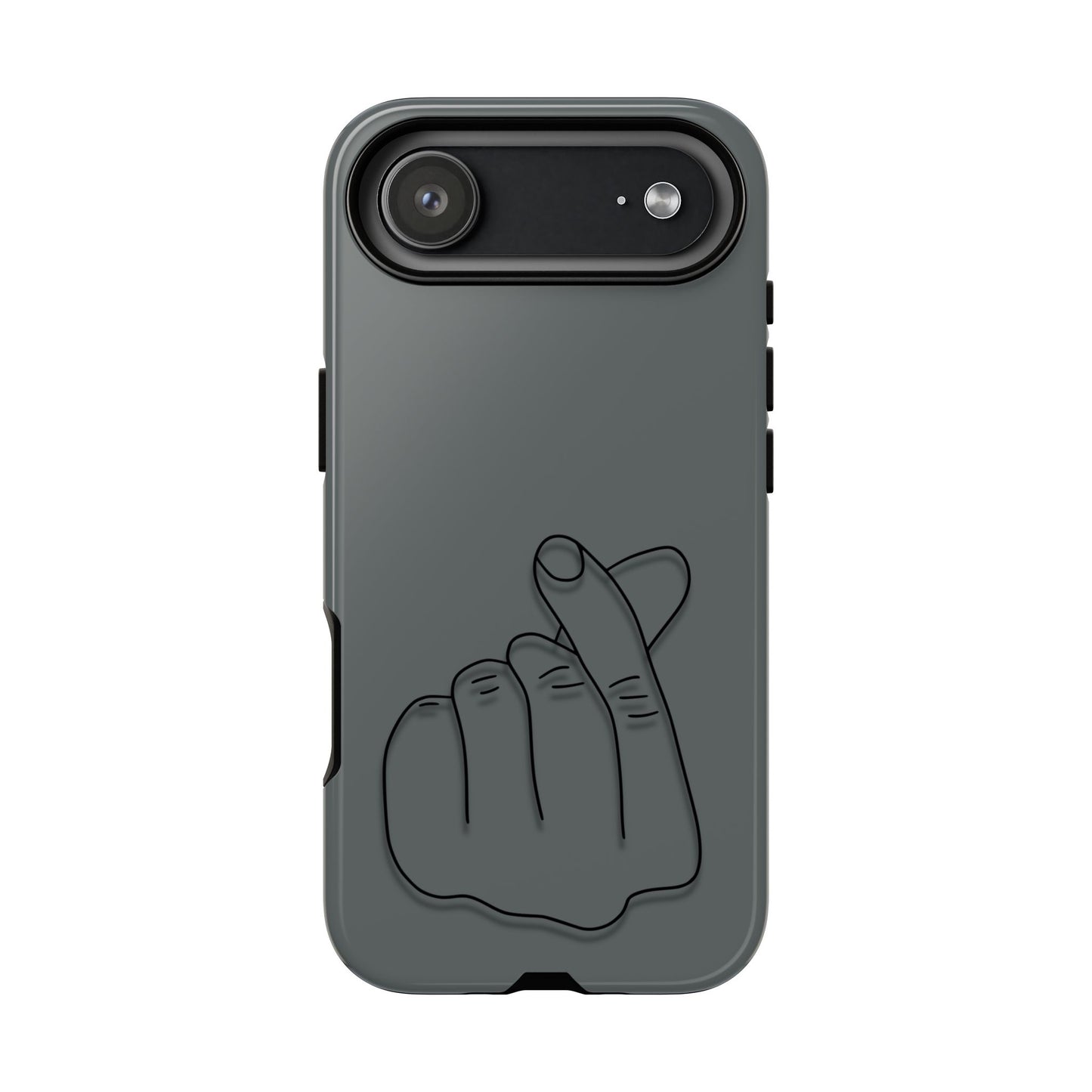Silicone phone case with embossed Korean finger heart design, compatible with smartphones, by Printify.