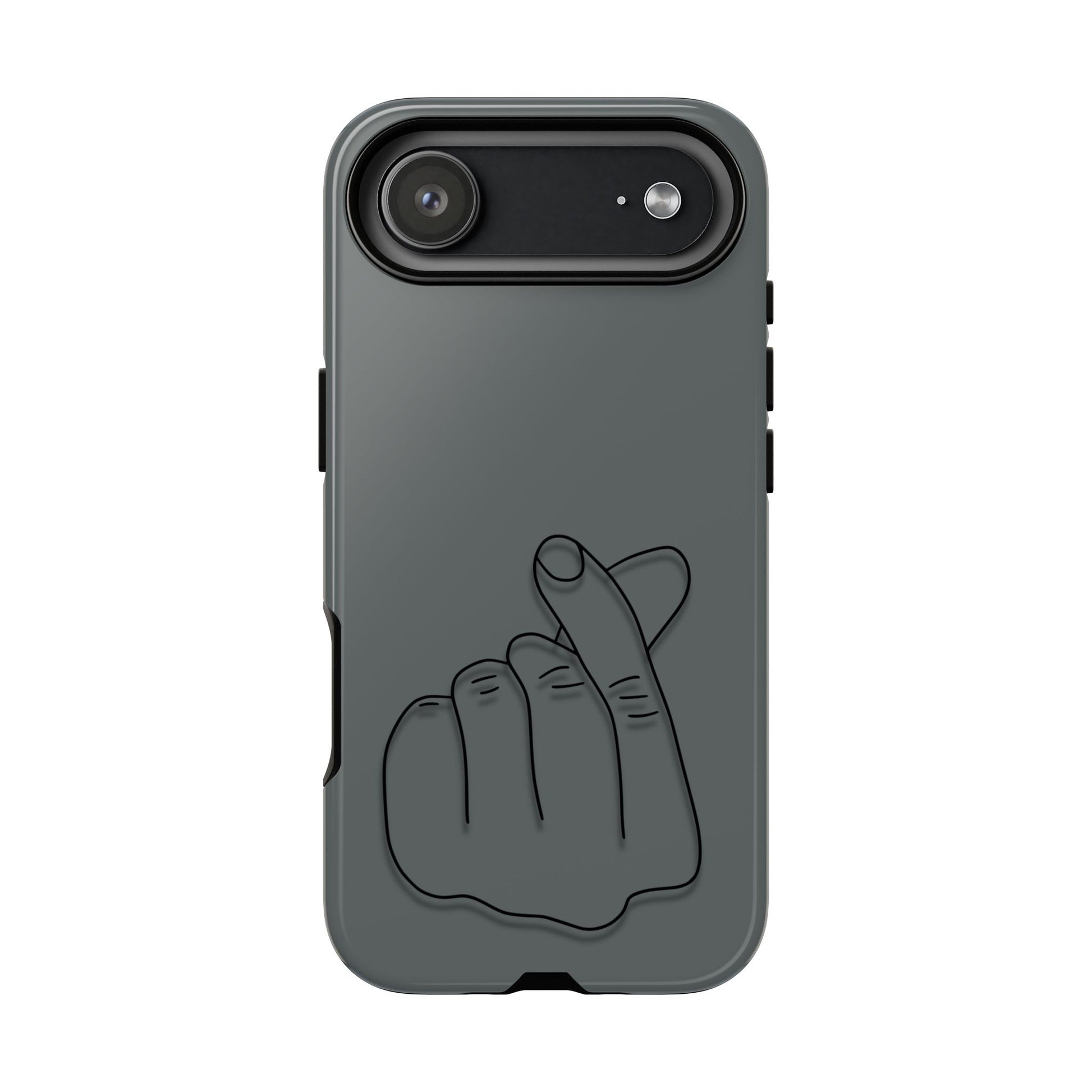 Silicone phone case with embossed Korean finger heart design, compatible with smartphones, by Printify.
