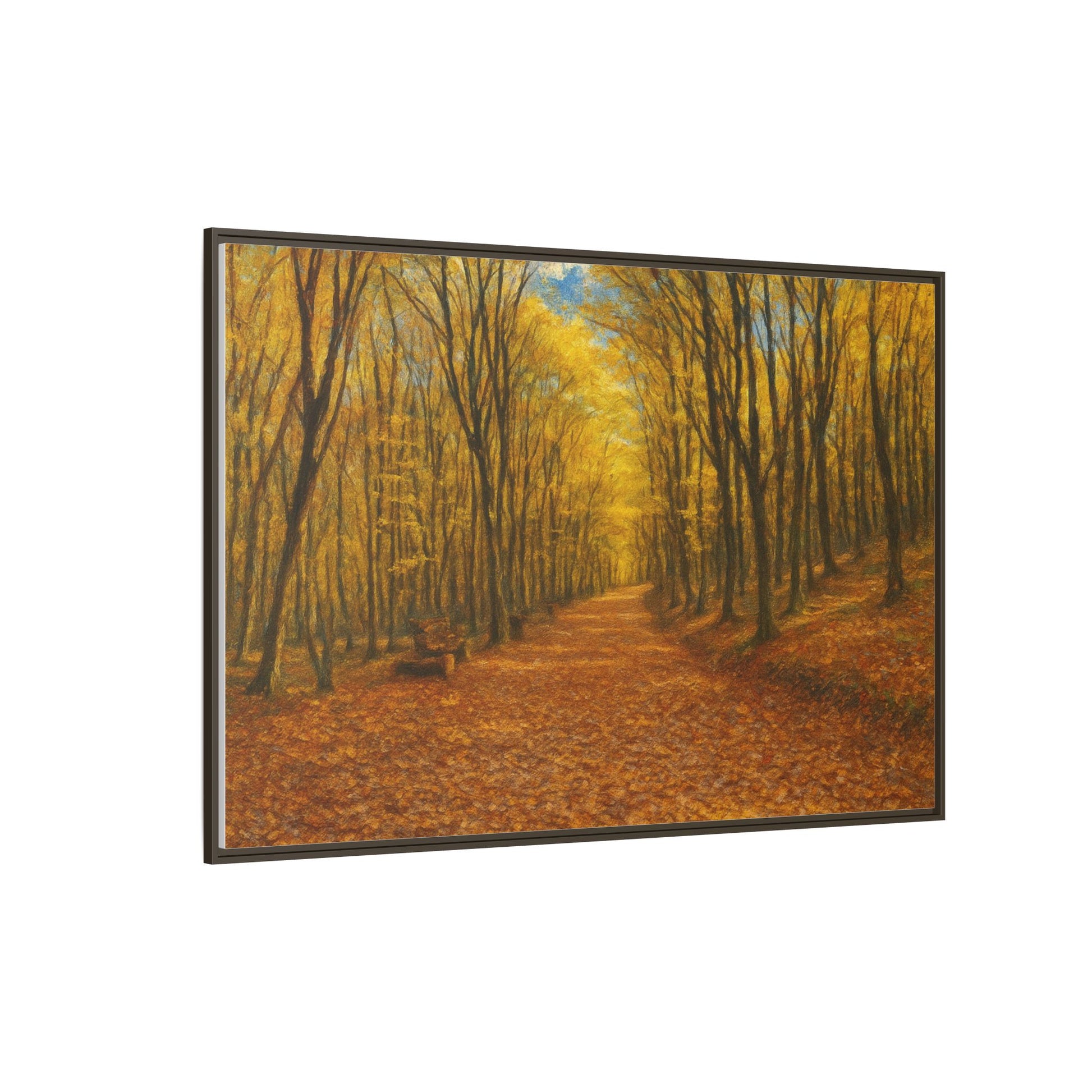 Printify Autumn Forest Path matte canvas framed wall art featuring a scenic forest trail with trees in fall colors.