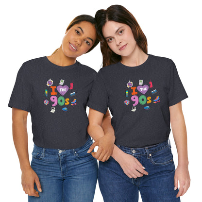 I  Love the 90's Short Sleeve Tee - Retro Graphic Tee, Vintage Style Shirt, Perfect for Casual Outings, 90s Nostalgia Apparel
