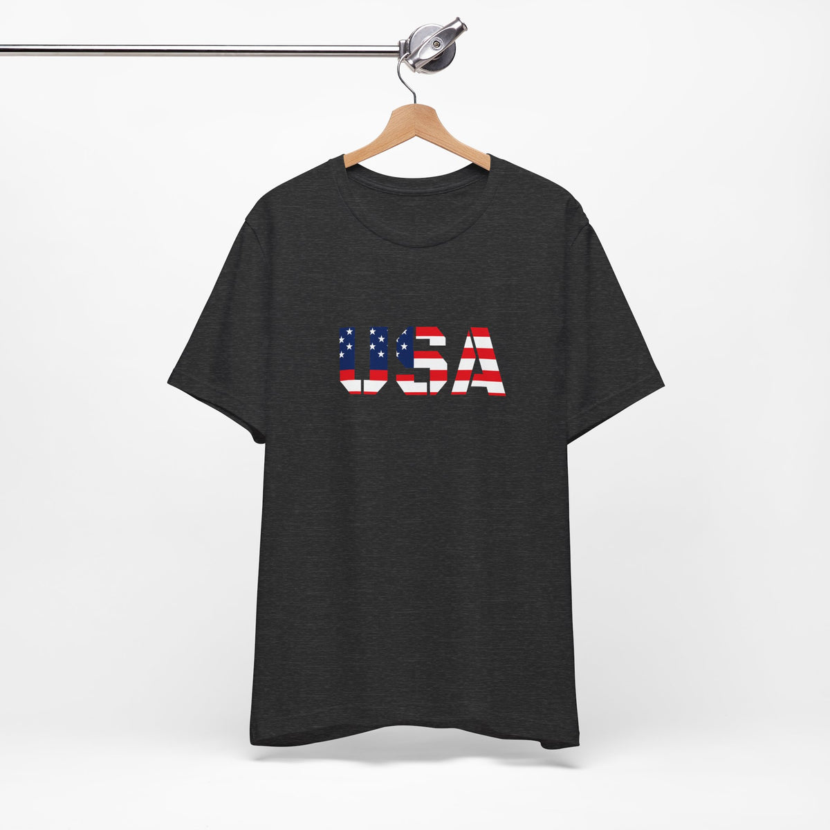 USA flag patriotic T-shirt by Printify featuring bold red, white, and blue design for Fourth of July celebrations.