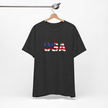 USA flag patriotic T-shirt by Printify featuring bold red, white, and blue design for Fourth of July celebrations.