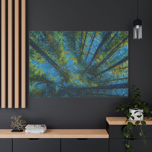 Forest Canopy Matte Canvas Wall Art — Upward View of Trees, Blue & Green Nature Print