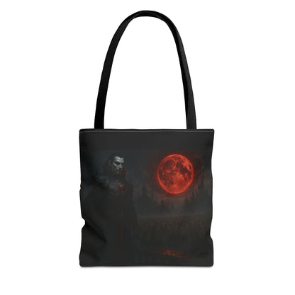 Gothic Dracula tote bag featuring moonlit vampire art, perfect for Halloween and gothic fashion accessories.