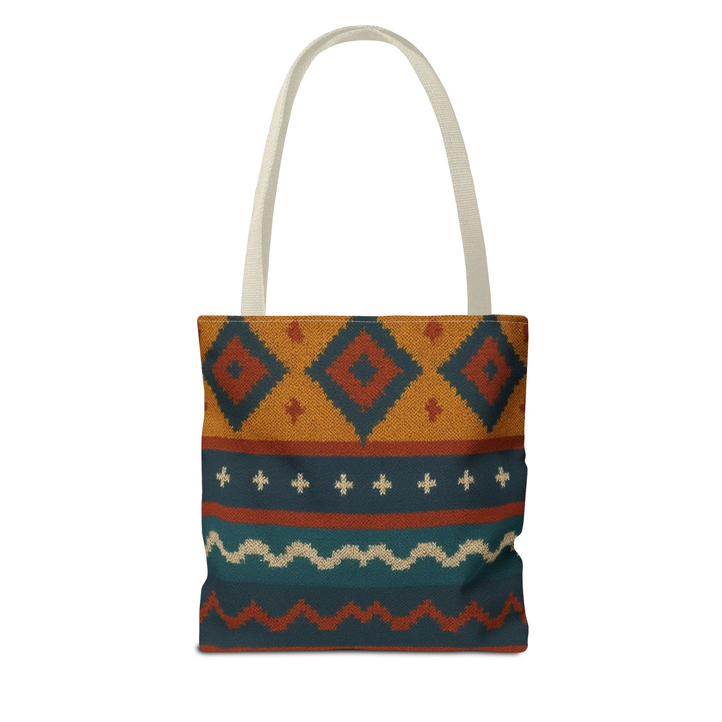 Southwestern diamond pattern tote bag with Aztec tribal geometric print, featuring sturdy handles and vibrant design.