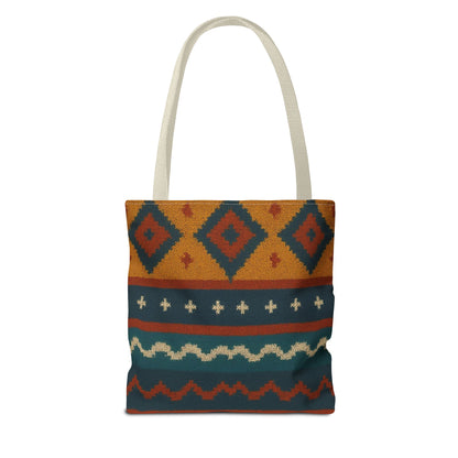 Southwestern diamond pattern tote bag with Aztec tribal geometric print, featuring sturdy handles and vibrant design.
