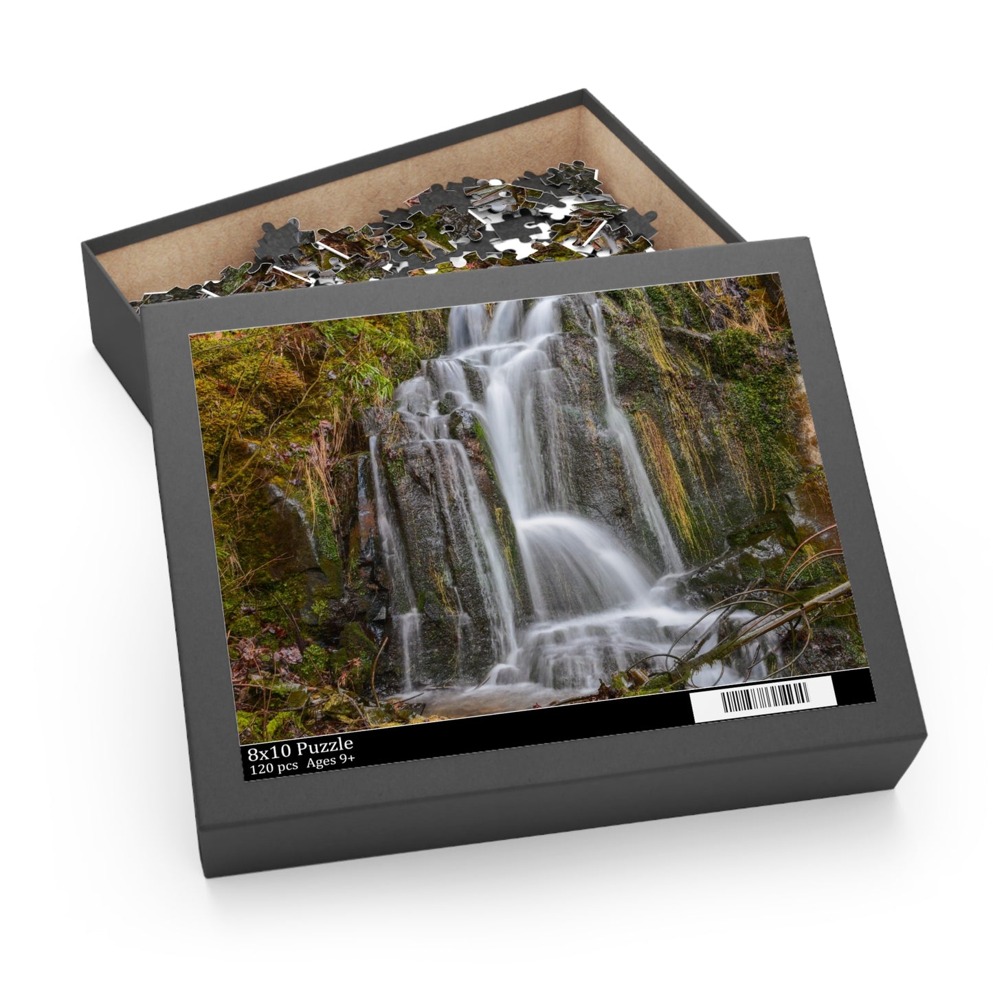 Colorful Mossy Waterfall puzzle by Printify showing detailed nature scene with lush moss and cascading water, perfect for puzzle enthusiasts.