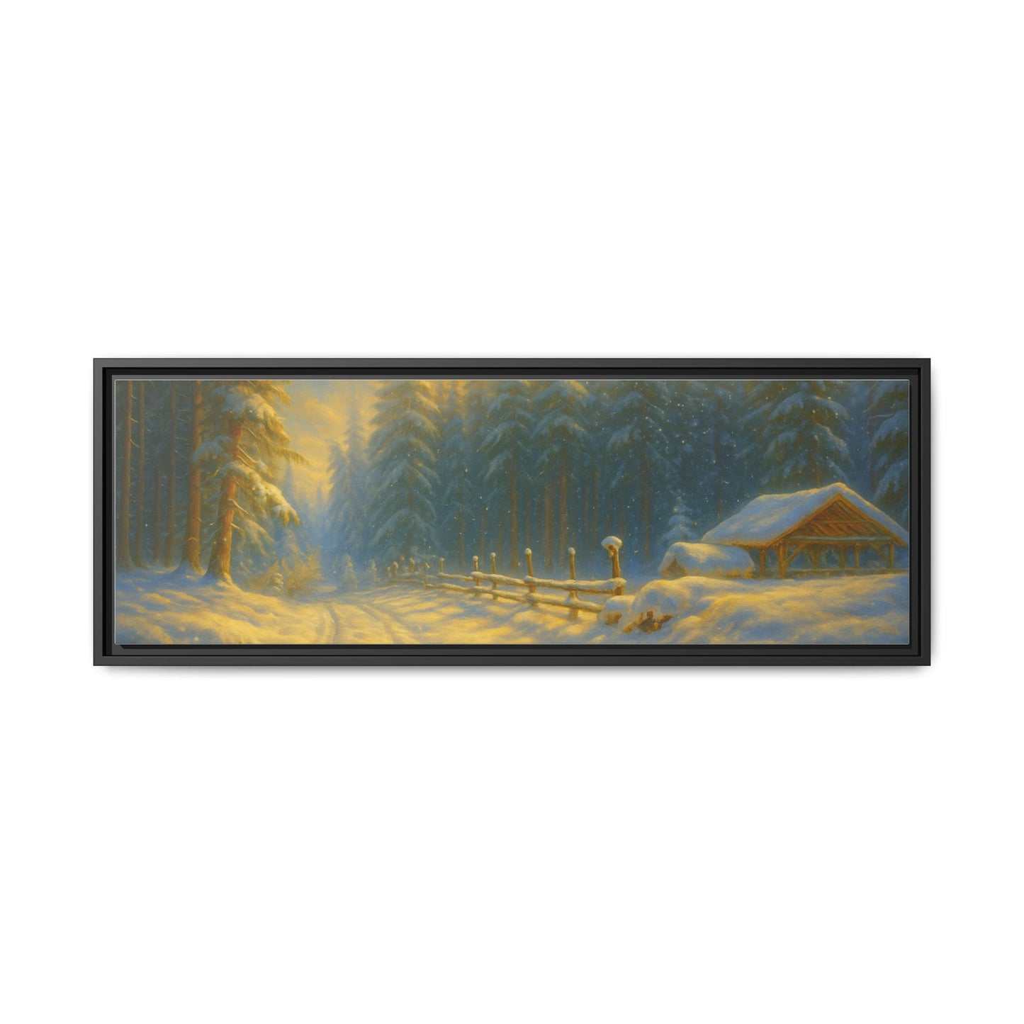 Framed winter cabin canvas print depicting a snowy forest sunset, wall art by Printify.