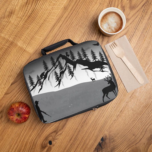 Hunting scene lunch bag with mountain forest and deer silhouette, insulated cooler bag for outdoor accessories.