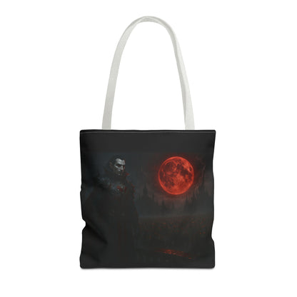 Gothic Dracula tote bag featuring moonlit vampire art, perfect Halloween gift, by Printify, with a dark, spooky design.