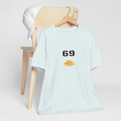 Unisex graphic T-shirt by Printify featuring a humorous 69 and French fries design on soft cotton fabric.