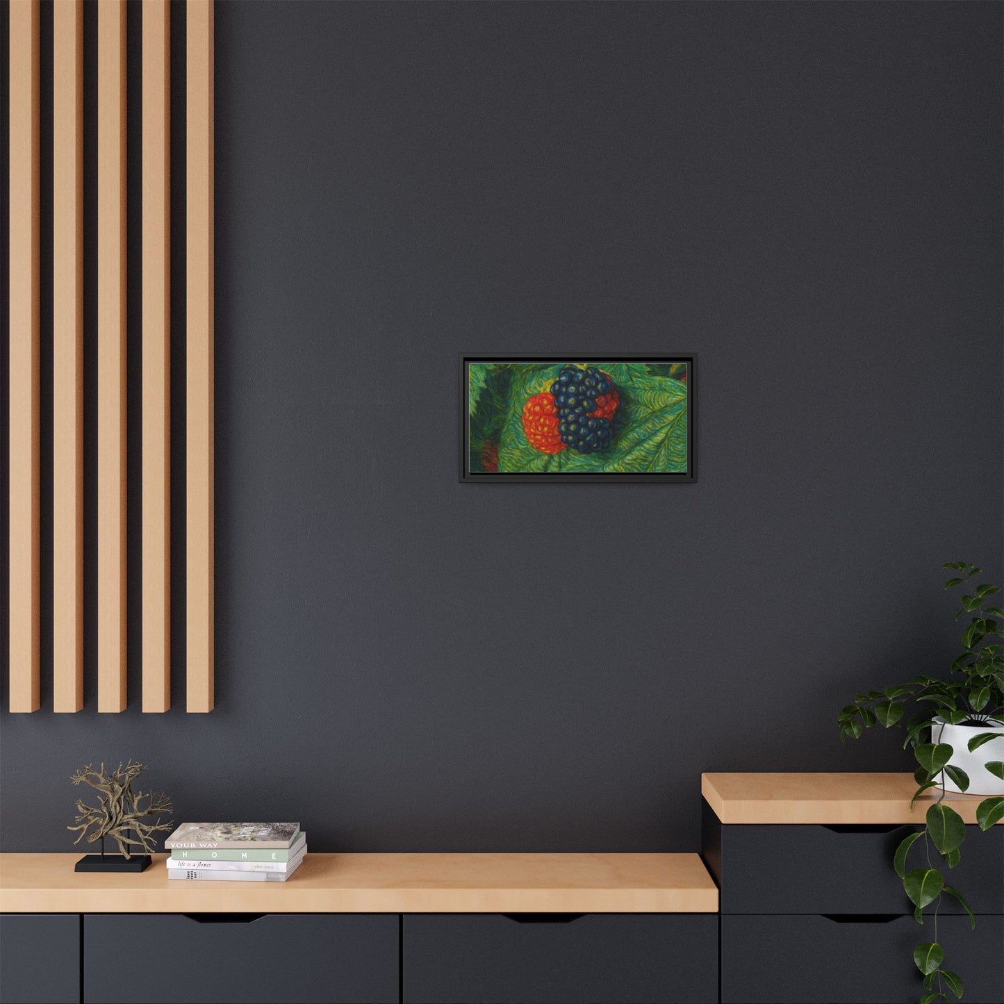 Blackberry still life framed canvas print by Printify, featuring realistic blackberries in a decorative wall art display.