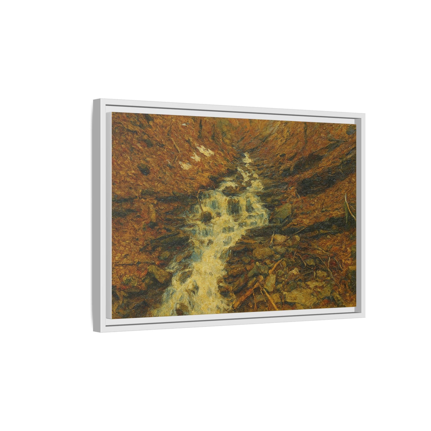 Framed matte canvas print of autumn stream landscape artwork by Printify, featuring vibrant fall trees and flowing water scene.