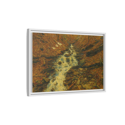 Framed matte canvas print of autumn stream landscape artwork by Printify, featuring vibrant fall trees and flowing water scene.