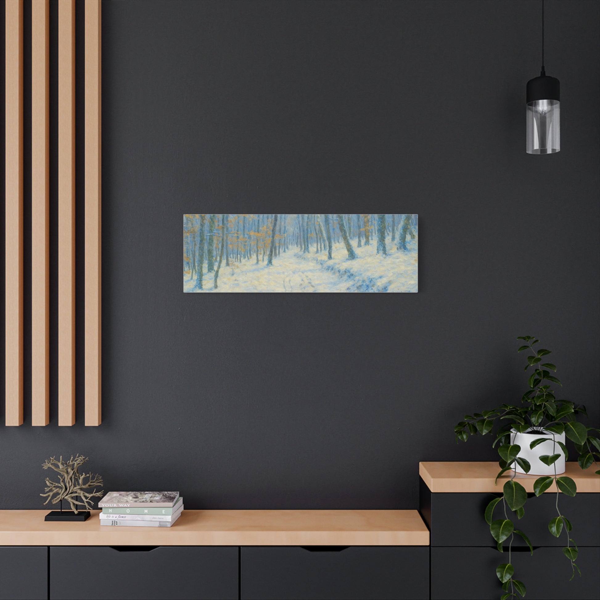Winter woodland canvas print by Printify featuring a snowy forest scene on matte stretched wall art.