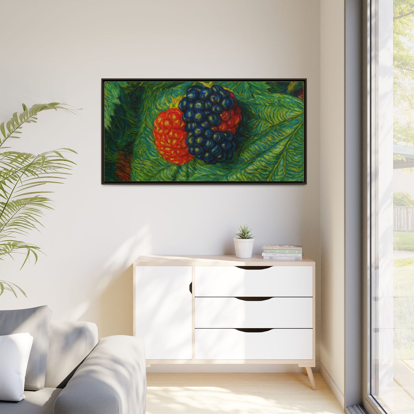 Blackberry still life framed canvas print by Printify, featuring realistic blackberries on a textured canvas surface.