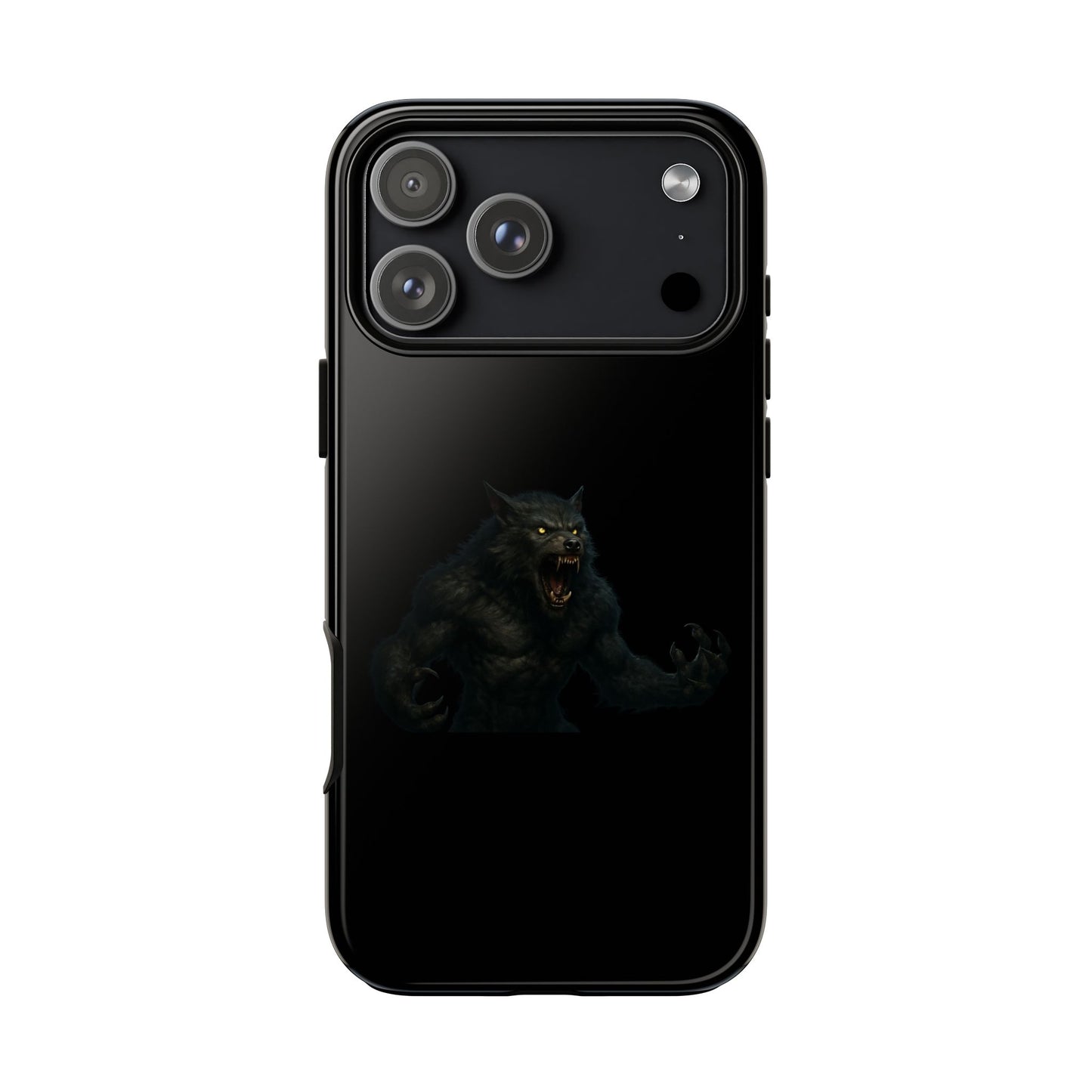 Werewolf phone case with dark monster graphic, tough protective design, fits smartphone models for durable, stylish protection.