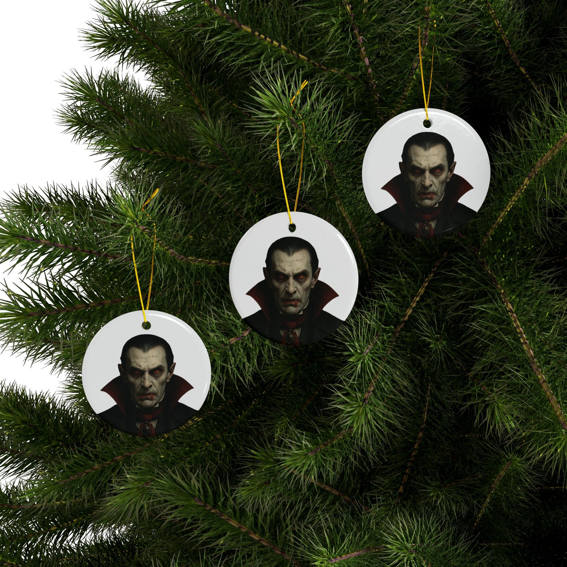 Two-sided vampire portrait ceramic ornament, Gothic Christmas decoration with spooky vampire face and intricate design details.