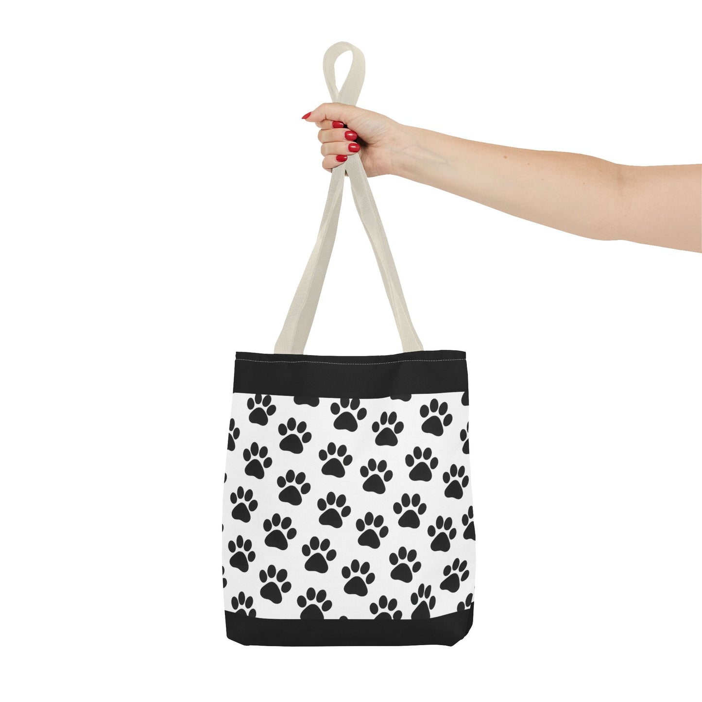 Eco-friendly paw print tote bag by Printify with black handles, perfect for dog and cat lovers, made from sustainable materials.