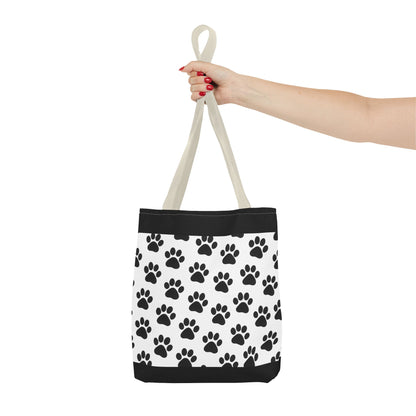 Eco-friendly paw print tote bag by Printify with black handles, perfect for dog and cat lovers, made from sustainable materials.