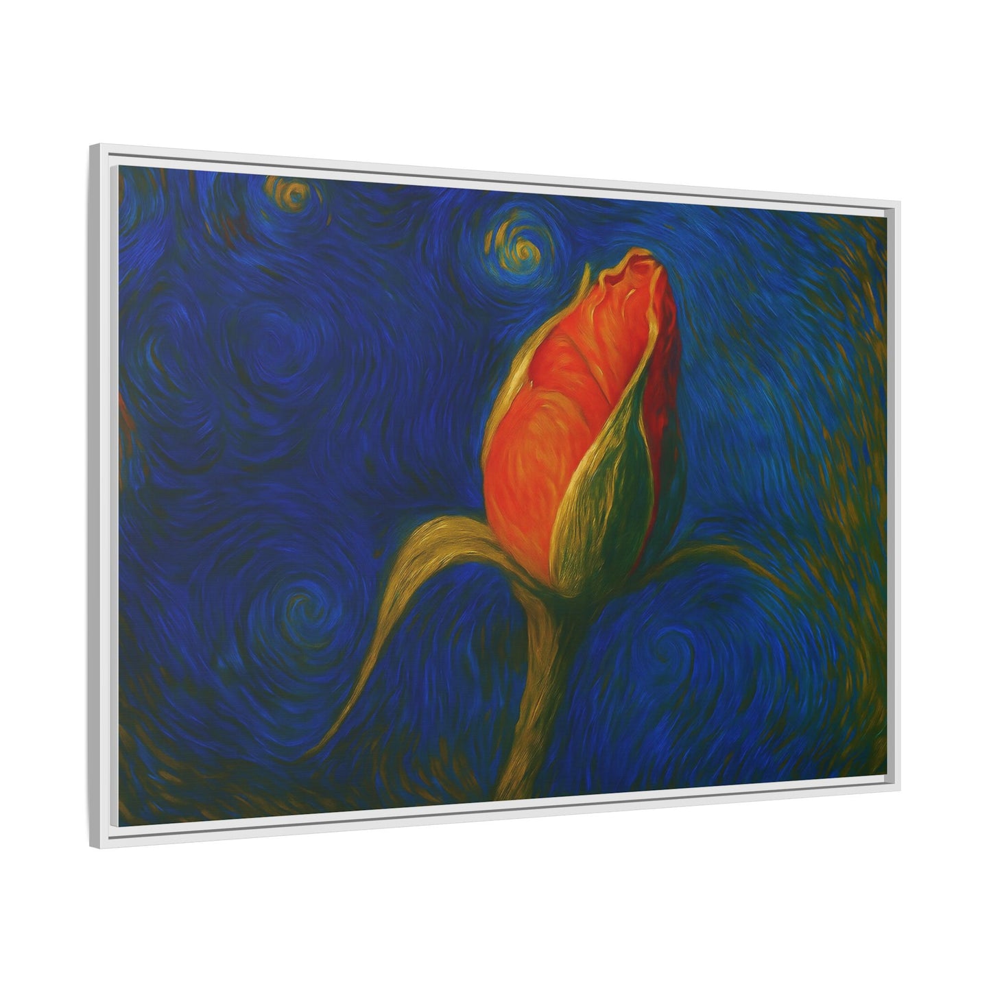 Red rose bud painted canvas framed wall art by Printify, featuring a vibrant floral design on matte surface.