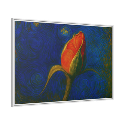 Red rose bud painted canvas framed wall art by Printify, featuring a vibrant floral design on matte surface.