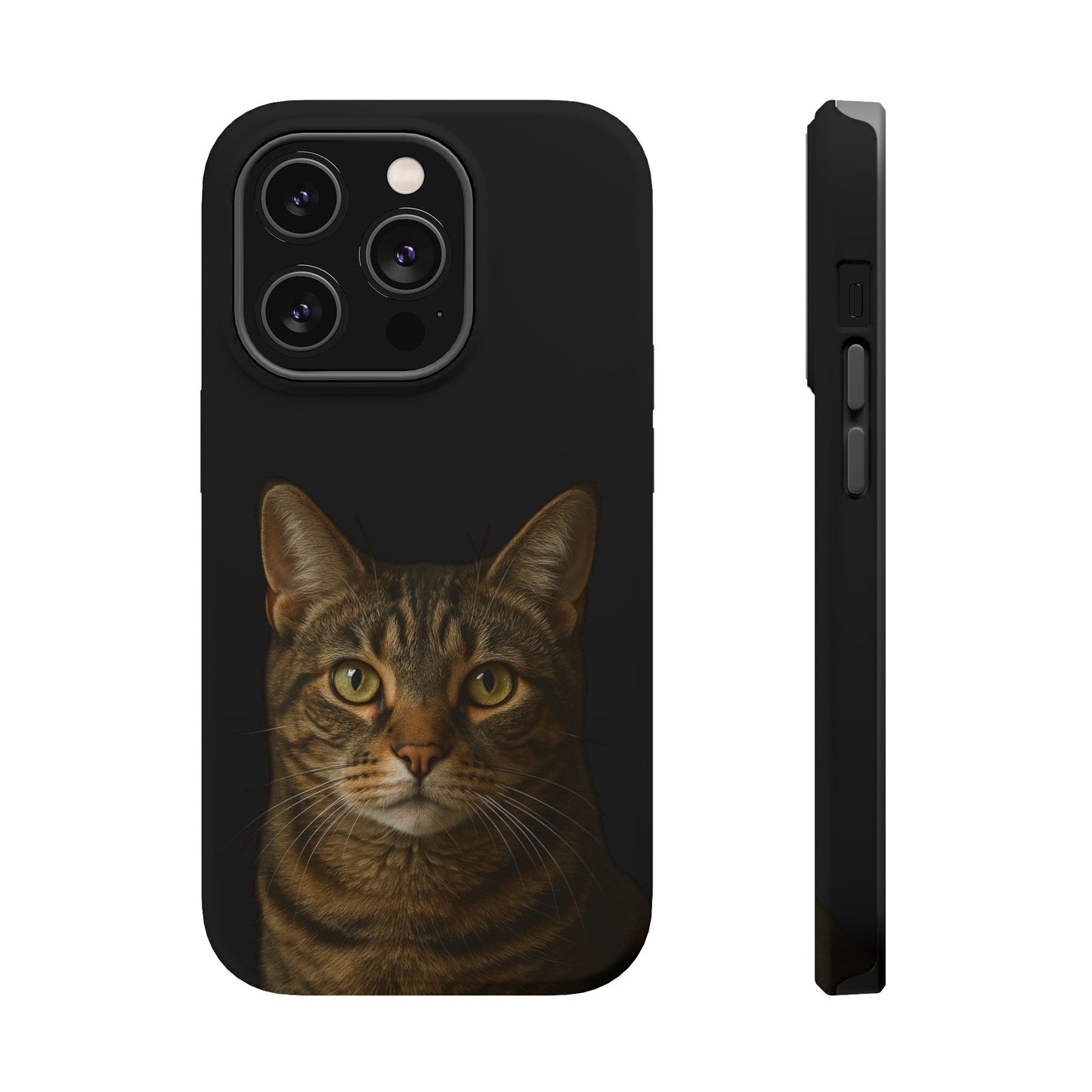 Tabby cat portrait phone case with MagSafe magnet ring visible