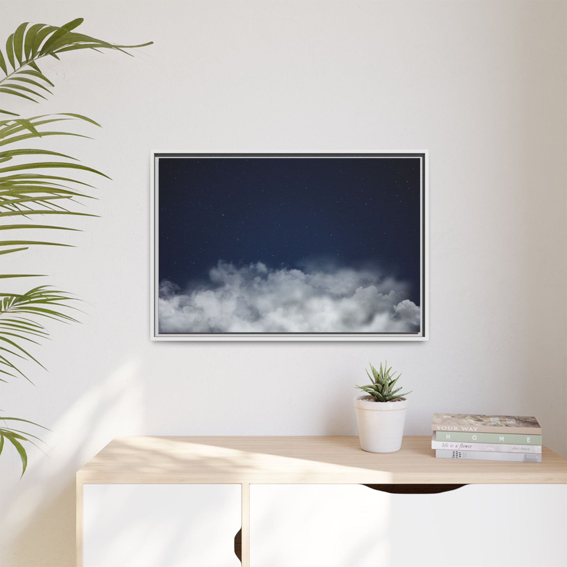 Framed night sky clouds matte canvas wall art showcasing starry sky scene, by Printify for celestial home decor.