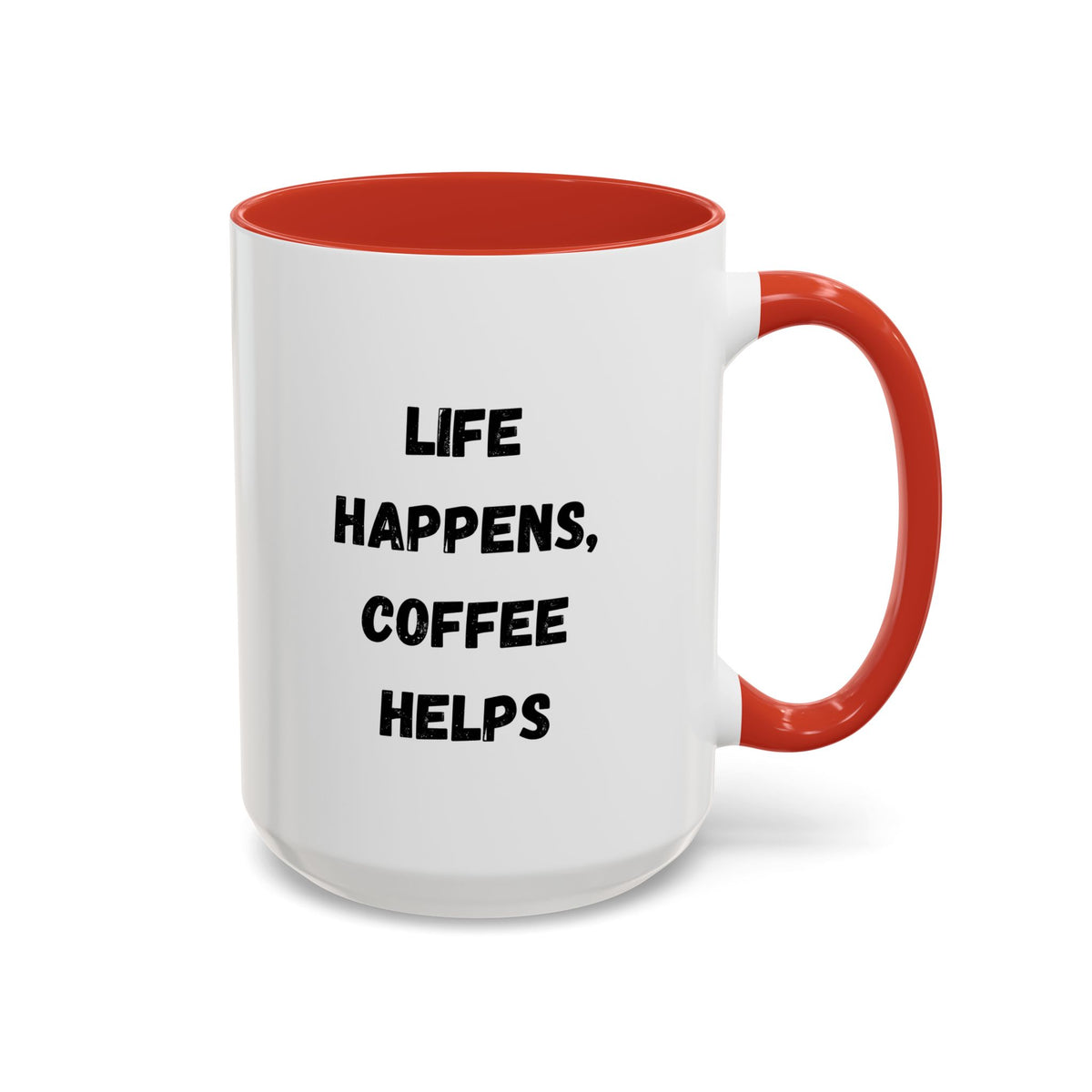 Black ceramic mug with "Life Happens Coffee Helps" text, 11oz with black handle and rim, printed by Printify.
