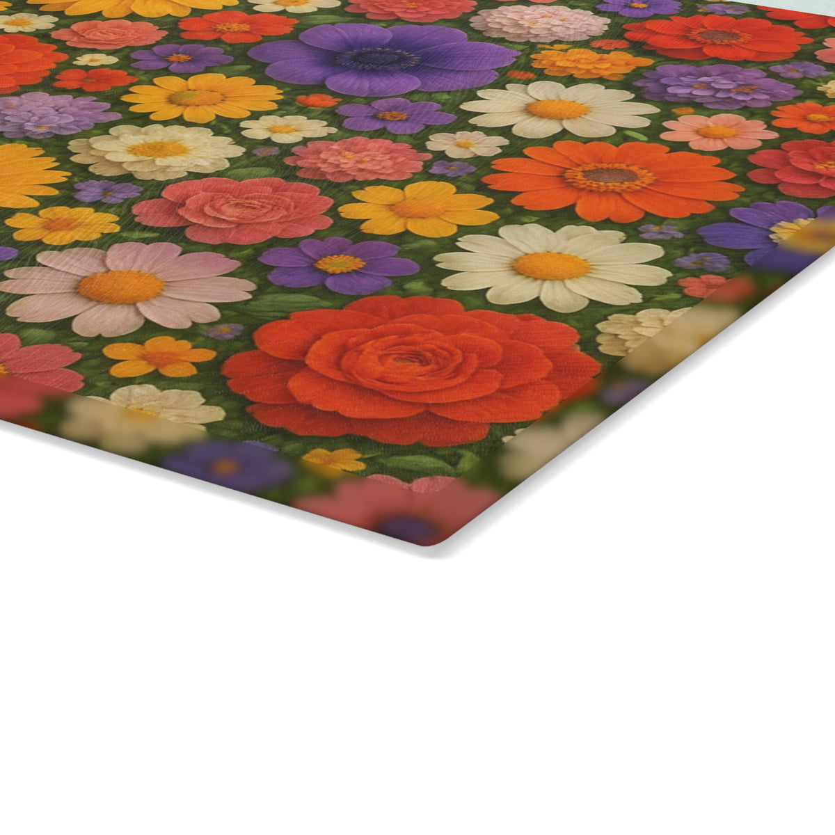 Floral Glass Cutting Board – Colorful Retro Flower Pattern Kitchen Board
