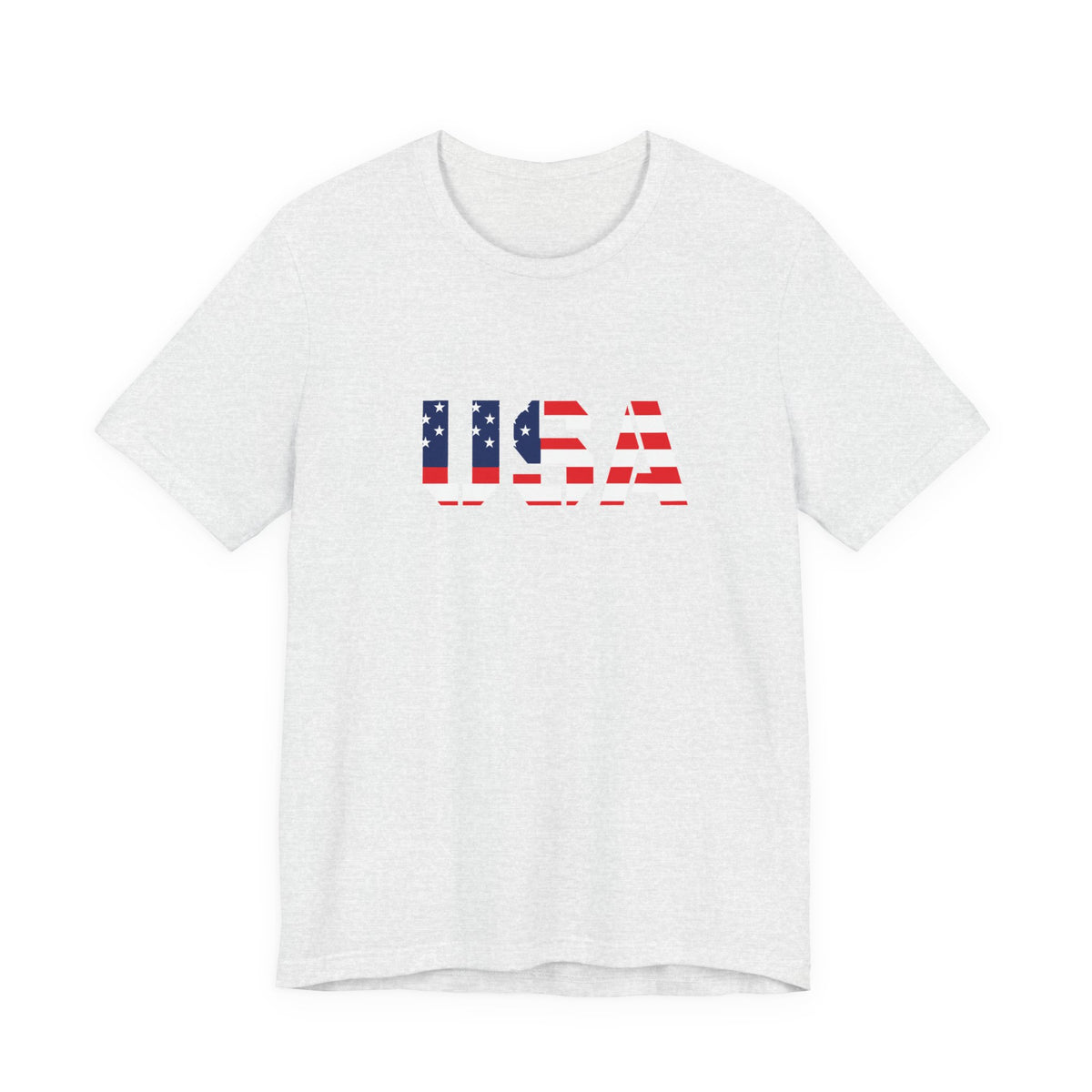 USA flag text T-shirt by Printify featuring patriotic design for Fourth of July celebrations.