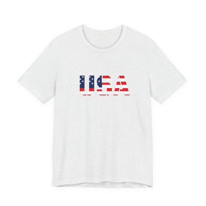 USA flag text T-shirt by Printify featuring patriotic design for Fourth of July celebrations.