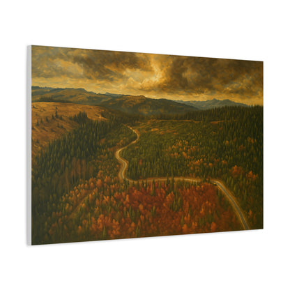 Autumn Ridge Road matte stretched canvas featuring a moody forest landscape wall art by Printify.