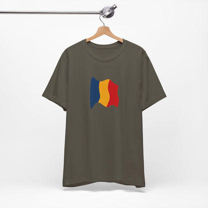 Romania flag T-shirt by Printify featuring a minimal waving tricolor design on a casual cotton tee.