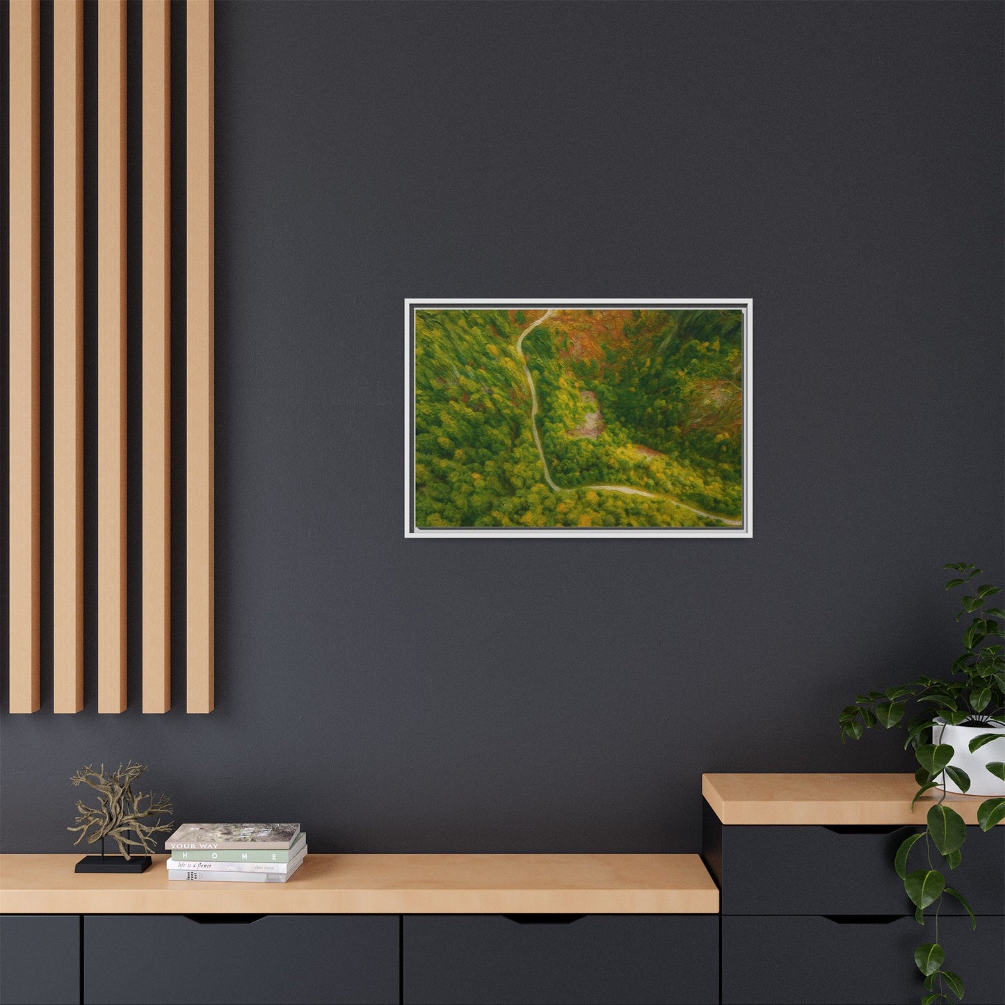 Colorful framed matte canvas wall art featuring an aerial forest path landscape by Printify.