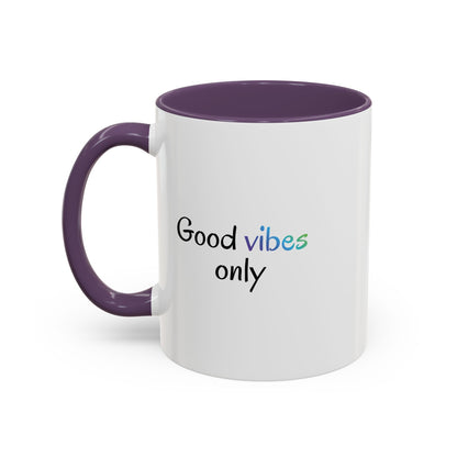 Printify Good Vibes Only mug featuring a positive morning quote, ceramic coffee cup with colorful design and handle.