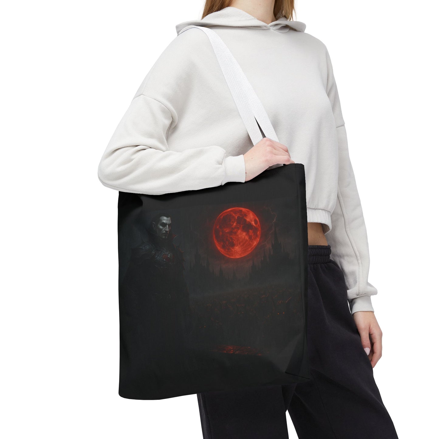 Gothic Dracula tote bag by Printify featuring moonlit vampire art, perfect for Halloween or gothic fashion accessories.