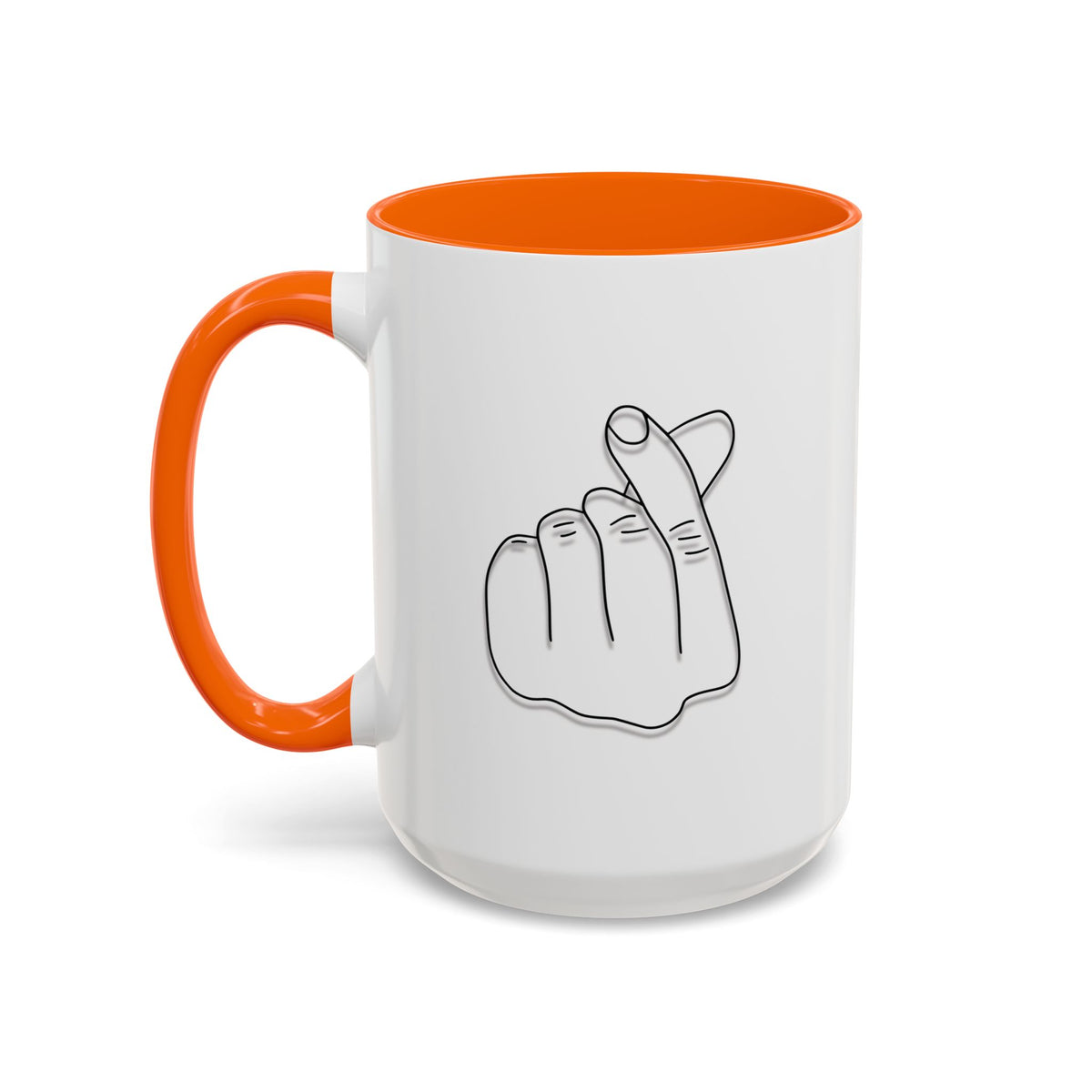 Cream-colored coffee mug with minimal Korean finger heart accent design, 11oz size, by Printify.