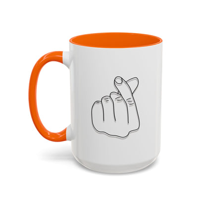 Cream-colored coffee mug with minimal Korean finger heart accent design, 11oz size, by Printify.