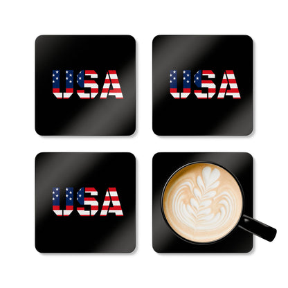 USA flag corkwood coaster set featuring patriotic designs, perfect for 4th of July celebrations and everyday use.